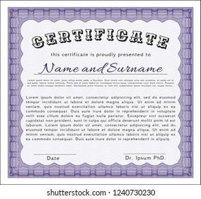 Violet Awesome Certificate template. Vector illustration. With complex background. Superior design. 
