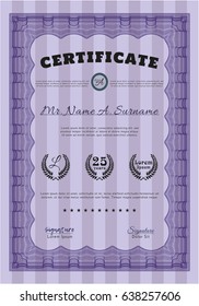 Violet Awesome Certificate template. Vector illustration. With guilloche pattern. Retro design. 