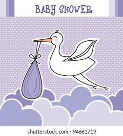 violet baby shower card with stork. vector illustration