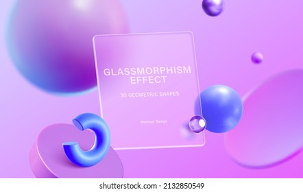 Violet Background Of 3d Geometric Shapes With Glassmorphism Square Plate In The Center