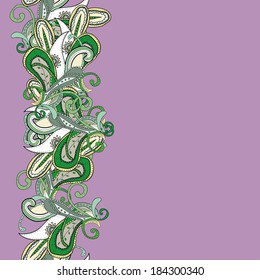 Violet background with abstract oriental tracery. Paisley pattern. Colored eastern border on green field. Can be used as greeting card, packing paper etc.