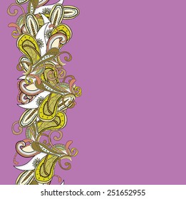 Violet background with abstract oriental tracery. Paisley pattern. Colored eastern border on colored field. Can be used as greeting card, packing paper etc.