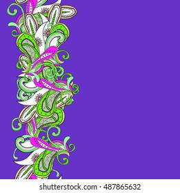 Violet background with abstract oriental tracery. Paisley pattern. Colored eastern border on green field. Can be used as greeting card, packing paper etc.