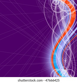 violet background with abstract wavy red and blue lines, transparent bands and circles with star
