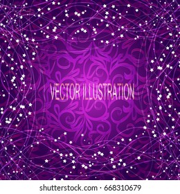 Violet background with border, lines, stars and ornament. Illustration.