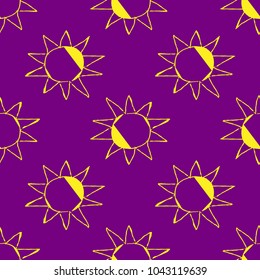 Violet background with bright yellow sun. Cute seamless pattern for fabrik, textile, bed linen. 