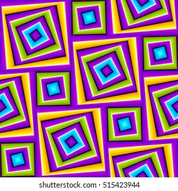Violet background with colorful squares (motion illusion). Seamless pattern.