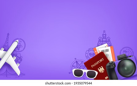 Violet background with different travel staff. Passport, digital camera, tickets, sunglasses