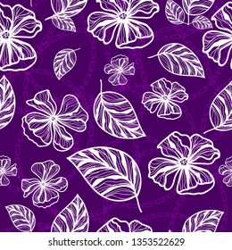 a violet background with drawing of white flowers and abstract chains