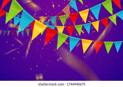 Violet background with flags, sparkling confetti. Vector illustration. Ads banner template.