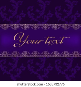 Violet background with a gold frame for text.Elegant frame suitable for design and print.