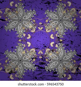 Violet background with golden elements. Vector illustration. Seamless golden textured curls. Oriental style arabesques. Vector golden pattern.
