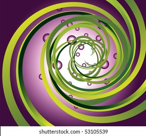 Violet background with green spiral and drops of water, vector