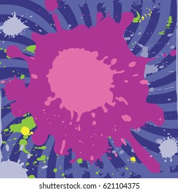 Violet background with pink, green, blue and yellow ink splashes. Vector illustration.