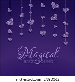 Violet background with small hearts. Vector isolated illustration. Design invitation card on wedding day, mother`s day, birthday, childbirth day, valentine`s day. Magic background.