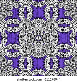 Violet background with white elements. Oriental style arabesques. White textured curls. Vector white pattern.