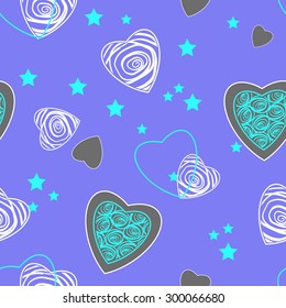 violet background with white hearts, blue hearts and  blue stars