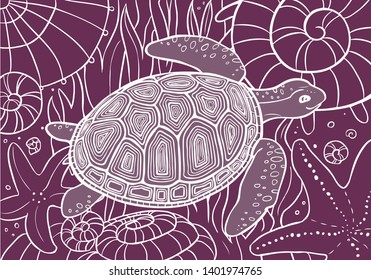 Violet background with white lines - turtle in the sea