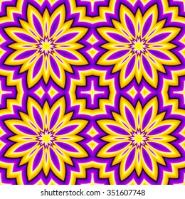 Violet background with yellow flowers (optical expansion illusion). Seamless pattern.