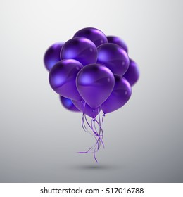 Violet Balloon Bunch. Vector Holiday Illustration Of Flying Violet Balloons. Birthday Or Other Holiday Event Decoration Element