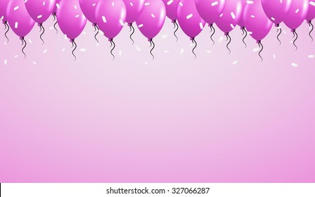 violet balloons on the top with falling white confetti and violet background