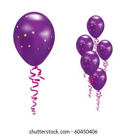 Violet Balloons with stars and ribbons. Vector illustration.