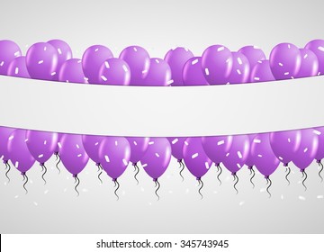 violet balloons and white confetti with blank paper in center