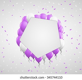 violet balloons and white confetti with blank pentagon paper in center