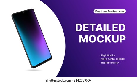 Violet Banner Template for Gadget, App, UI Advertisement. Detailed Smartphone Mockup in Rotated Position. . Vector illustration