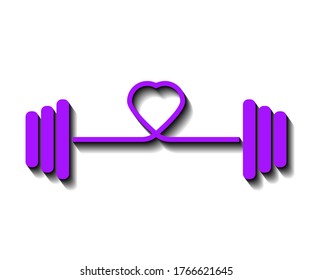 Violet barbell with heart on a white background and black shadow, sign for design, vector illustration