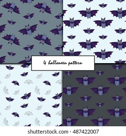Violet bat Halloween cartoon background. Vector illustration. Set of seamless bat pattern on gray background.