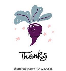 Violet beetroot logotype. Thanks typography. Happy vegetables.
