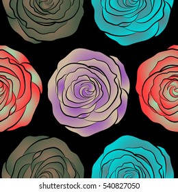 Violet, beige and blue flower petals, close up roses, beautiful abstract seamless pattern.