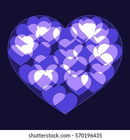 Violet big heart made form small bokeh neon shinning hearts on dark background