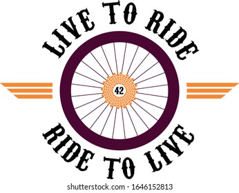 Violet Bike Wheel with golden cogset and wings rounded with Live to ride, ride to live legend over withe background. Vintage design inspired in art deco, ideal for t shirts and stamps svg