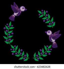 Violet bird and flower frame embroidery stitches imitation. Floral wreath with bird on black background. Embroidery vector.