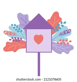 Violet birdhouse among foliage and flowers. Bird house. Elements for postcard or design. Flat illustration.