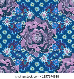 Violet, black and blue background. Seamless abstract floral pattern. Stylish graphic design. Geometric flower vector ornament.