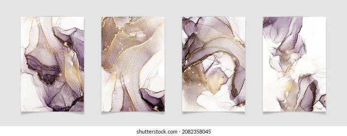 Violet, black and gold abstract marble alcohol ink painting. Luxury fluid watercolor background with golden splash. Vector illustration of contemporary grey watercolour art design for wedding invite.