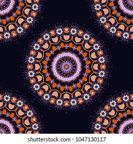 Violet, black and orange abstract seamless pattern, Indian ornament. Vector floral mandala. Print for fabric or textile. Wrapping and scrapbook paper.