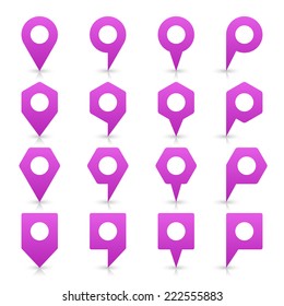 Violet blank map pin sign location icon with white empty space and gray shadow, reflection on white background in simple flat style. Web design element in vector illustration 8 eps