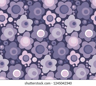 Violet blooming flowers color seamless pattern. Floral abstract texture with chamomiles. Purple blossom with dots background fill. Floral textile, wallpaper, wrapping paper illustration