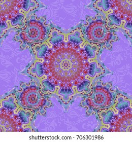 Violet, blue and beige abstract ornament, vector seamless pattern of abstract decorative elements.