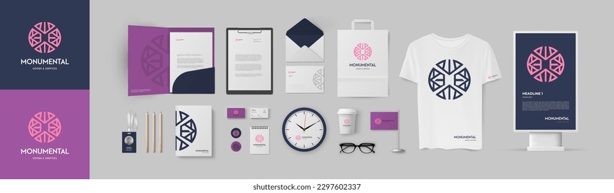 Plantilla de identidad corporativa de colores violeta y azul. Logo de círculo de estilo mínimo, carpeta A4, membrete, caja de luz y maquillaje de tarjetas de visita.