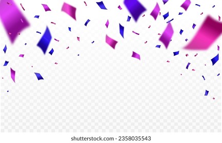 Violet blue confetti and ribbon background, isolated on transparent background. Vector illustration.
