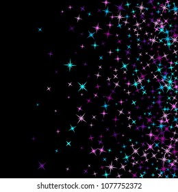 Violet blue cyan pink vector star background sparkle pattern. Minimal colored confetti of flying stars, magic geometric sparkles stardust vector background on dark. Modern party design.