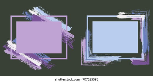 Violet and blue elegant art frame set vector collection.  Grunge border with painted brushstrokes background collection. Painted frames graphics design templates for banners, flyers, posters, cards.