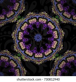 Violet and blue elements isolated on black background. Vintage baroque seamless pattern in motley colors. Luxury, royal and Victorian concept. Ornate vector decoration.