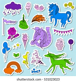 Violet, blue and green unicorns with sweets on  background