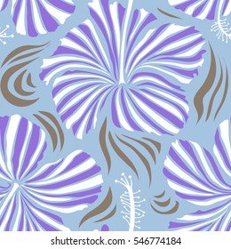 Violet and blue hibiscus seamless pattern. Vector seamless pattern with tropical flowers in watercolor style. Vector illustration.
